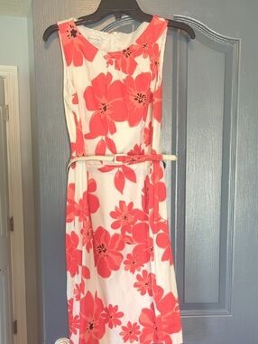 London Times White Midi Dress with Coral Floral Print